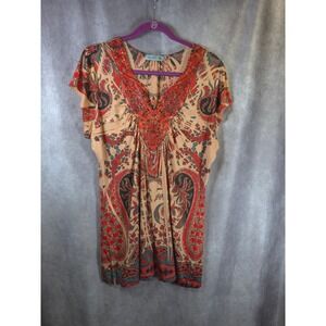 Unity World Wear Dress XL Paisley Beaded Neckline Short Sleeve Blouson